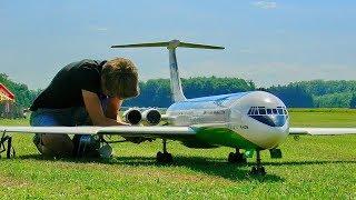 STUNNING GIANT RC ILJUSCHIN IL-62 M SCALE MODEL AIRLINER TURBINE JET FLIGHT AND CRITICAL LANDING