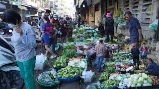 Morning Fish Market Scene @Chbar Ampov - Daily Lifestyle of Vendors Selling Food In Market