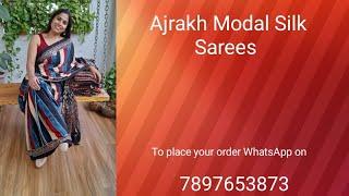 Ajrakh Modal Silk Sarees,  Contemporary Ajrakh Handblock Modal Sarees