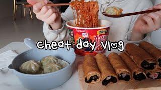 cheat day vlog _ It's terrible to be sick on a day off  / Hamburger, chicken, cheese ball, injeolmi