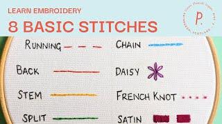 8 Basic Embroidery Stitches || Tutorial for Beginners