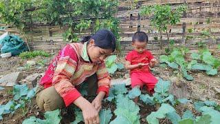 The orphan boy was very happy and joyful to play and eat delicious food from the single woman.