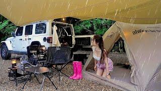 Powerful Super Heavy Rain Hard Camping  Relaxing in a Tent Connecting Tarp to a Car