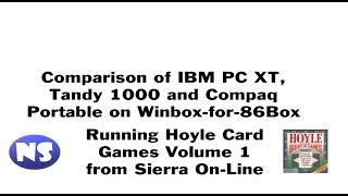 Using WinBox-for-86Box to compare a PC XT, Compaq Portable and Tandy 1000 playing a Card Game.