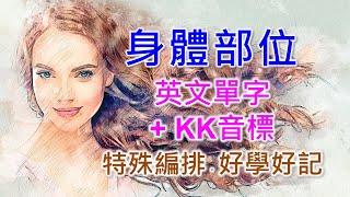 身體部位英文單字共35個+KK音標，看音標學單字。相同情境一起學，快速擴充單字量。單字記憶通，好唸，好記，學得快，增加學習樂趣，快速學習大量單字。