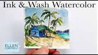 Ink and Wash Watercolor Tropical Beach hut