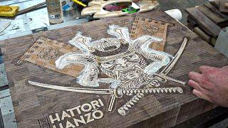 Hattori Hanzo cutting board #3 / butcher block. Cnc inlay cutting board. Wood inlay 4k video.