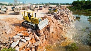 Powerful Technique Skill Operator By Mind Blow Activities Bulldozer Push Rock, Dump Truck Unloading