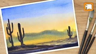 5 minute Watercolor painting for beginners Saguaro Cactus Desert Landscape/ Watercolour tutorial