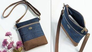 DIY Casual Plain Fabric and Denim Crossbody Bag Out of Old Jeans | Bag Tutorial | Upcycled Craft