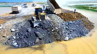 Nice Project !!stone pushing bulldozer, SHACMAN truck dumping enormous stone, building road on water