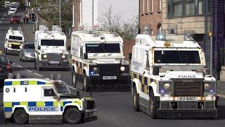 Large convoy of armoured police trucks in Northern Ireland 