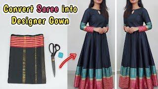 Convert Saree into Long Gown/Saree Reuse Ideas/Long Anarkali Dress/Frock Cutting and stitching