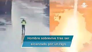 ¡Sobrevive de milagro! Captan momento en el que un rayo cae sobre un guardia de seguridad