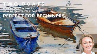 LOOSE SIMPLE WATERCOLOR PAINTING BOATS   GREAT FOR BEGINNERS   HOW TO MAKE WASHES CLEAN