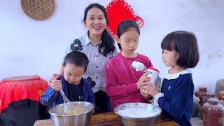 Dad's birthday, three siblings made birthday cake,grandma praised it for being delicious