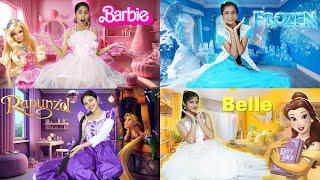 4 Color Princess House Challenge! Barbie, Frozen,Rapunzel & Bella Compete for the Crown!