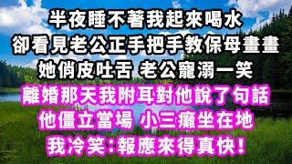 半夜睡不著我起來喝水，卻看見老公正手把手教保母畫畫，她俏皮吐舌老公寵溺一笑，離婚那天我附耳對他說了句話，他僵立當場小三癱坐在地，我冷笑：報應來得真快！#爽文完結#一口氣看完#小三#豪門#霸總