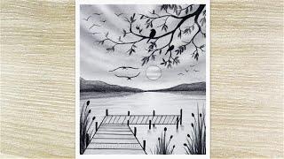 Beautiful Sunset Nature Drawing with Pencil Sketch, Pencil Drawing for Beginners