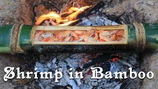 Primitive Cooking Shrimp in Bamboo in Forest