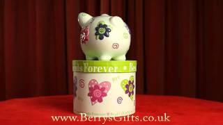 Embossed Ceramic Piggy Bank with Gift Box. Floral Hearts. Best Friends