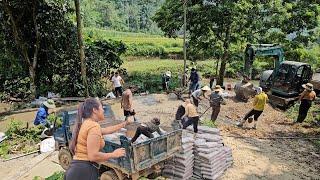 The driver and the girl along with villagers poured concrete into the road.