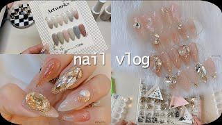 Nail Vlog + Self Nail | 네일샵브이로그 그리고 셀프네일 (스와 다 꺼내서 다시 완벽히 정리하기, 11월 이달의아트 마무리 하고 회식과 마블네일 셀프로하기)