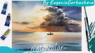 Watercolor Painting Short Lesson | Seascape, Clouds and Sun | by Eugenia Gorbacheva