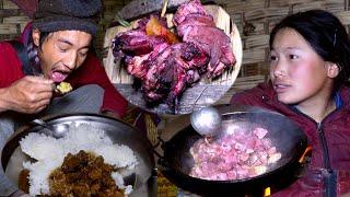Manjita cooking dinner of village buff curry & Rice