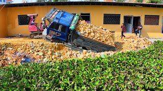 Start New Project Dump Truck Back Unloading Fail Overturned In the Pond Recovery by Excavator Dozer