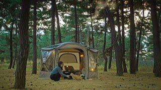 Cozy solo camping using a wood stove in the winter forest