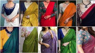 Plain Saree With Contrast Blouse Ideas|Contrast Saree And Blouse Combination|Contrast Blouse Designs