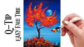 Easy painting Fall Tree Holding a moon Q-tip   | TheArtSherpa