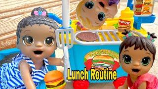 Baby Alive Triplets Lunch routine Barbecue  | Feeding & changing baby dolls