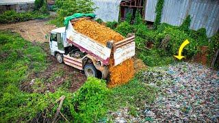 Full Video Processing Landfill on Flooded Area by Bulldozer Komastu D20P and 5Ton Truck Push Soil