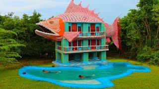 [Full Video] Amazing Design Mud Villa House Shape Fish And Swimming Pool By Ancient Skills