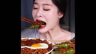 Black Bean Noodles With Chili Kimchi & eggs️#asmr #noodles #eggs #bigbites #mukbang @Fumeyamyam