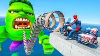 Spiderman Found Biggest Monster Green Hulk Challenge w/ Motorbikes Racing Wipeout Obstacle #407