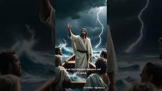 Jesus wearing white robes standing in the small ship, arms slightly raised, commanding