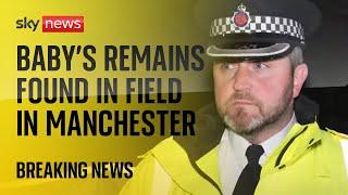 Police hold a news conference after a baby's remains are found in a field in Manchester