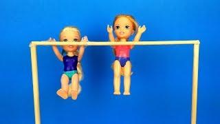 Elsa and Anna toddlers learn gymnastics - new tricks - Barbie is the coach - exercises