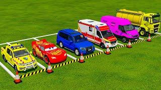 TRANSPORTING POLICE CARS, MCQUEEN CAR, AMBULANCE VEHICLES, FIRE DEPARTMENT WITH MAN TRUCKS ! FS22