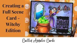 Coloring a Witchy Halloween Scene Card with Copic Markers |  Sweet November Stamps Giveaway Hop