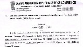 JKPSC Assistant Engineer Mechanical Exam Date 2022 Out | Written Test Date 2022 Out Link-Description