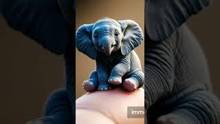 Create a hyper-realistic image of a tiny baby elephant sitting on a human thumb.