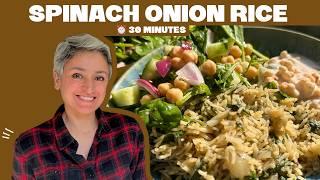 SPINACH ONION RICE with raita and salad - a complete meal in 30 minutes!