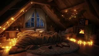 Cozy Attic Retreat: Rainy Night by the Fireplace