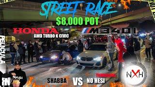 STREET RACE nohesi m340 built vs awd turbo k civic turbo foxbody built vs fastest corolla goes wrong