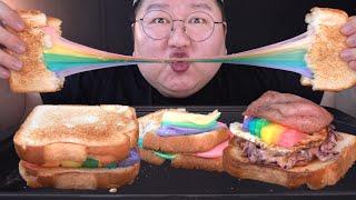 SUB) 어머~!머야!![[ 너무이쁜!!  무지개치즈 토스트 ]] 먹방 Rainbow Cheese Toast ( Ham Cheese Toast ) Mukbang eating