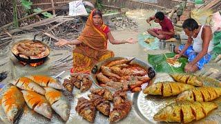 Golden masala fish curry recipe cooking and eating in village ! golden fish catching videos in river